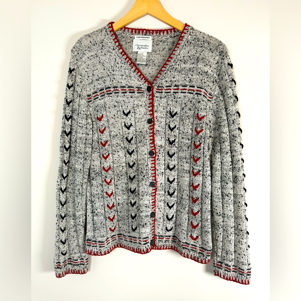 Christopher & Banks Hand Embroidered Stitching Trim Knit Cardigan Sweater Large